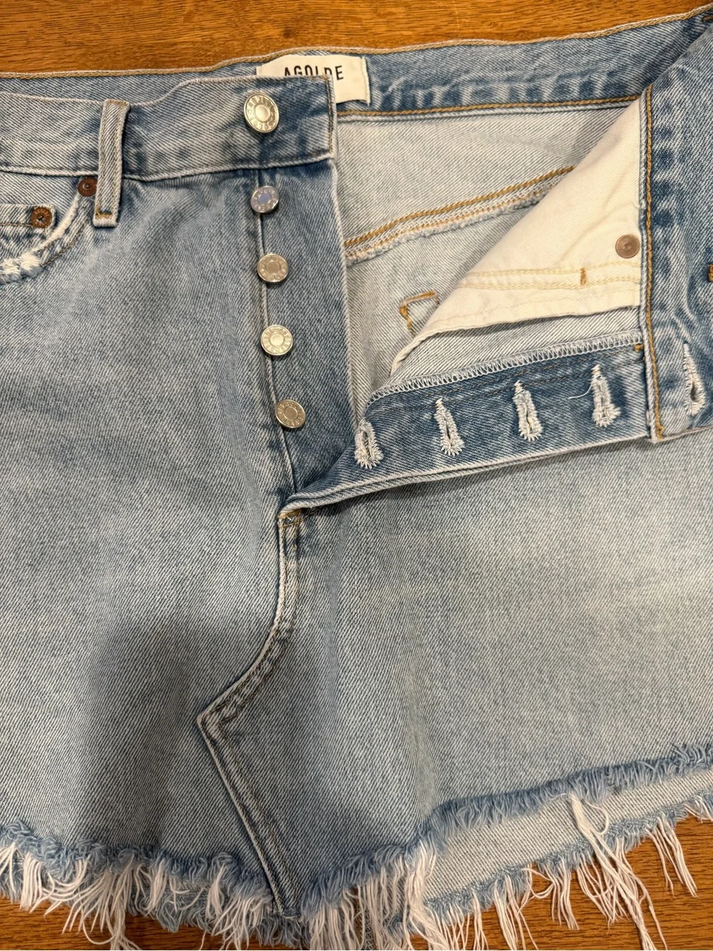 Agolde Light Blue Denim Asymmetrical Frayed Mini Skirt